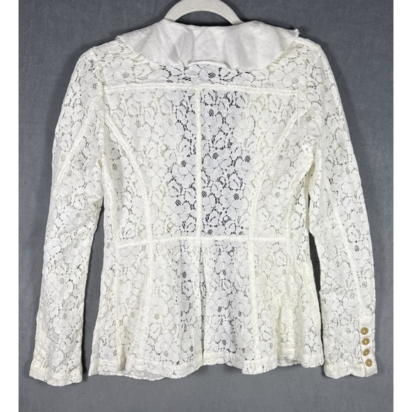 Free People Women's Sz 4 Cream Colored Lace Jacket Open Front Ruffle Boho‎ - Picture 2 of 9